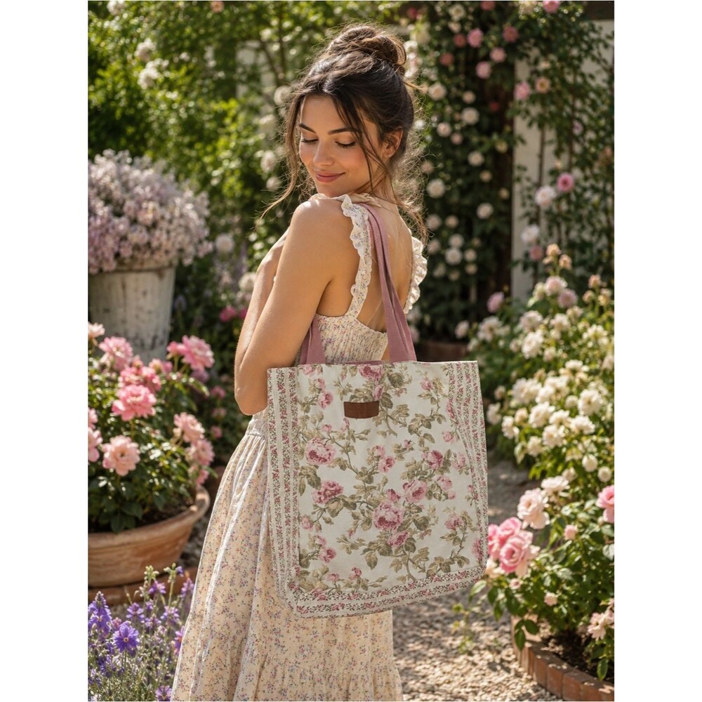 Laura Ashley Pink & Cream Rose-Print Canvas Tote